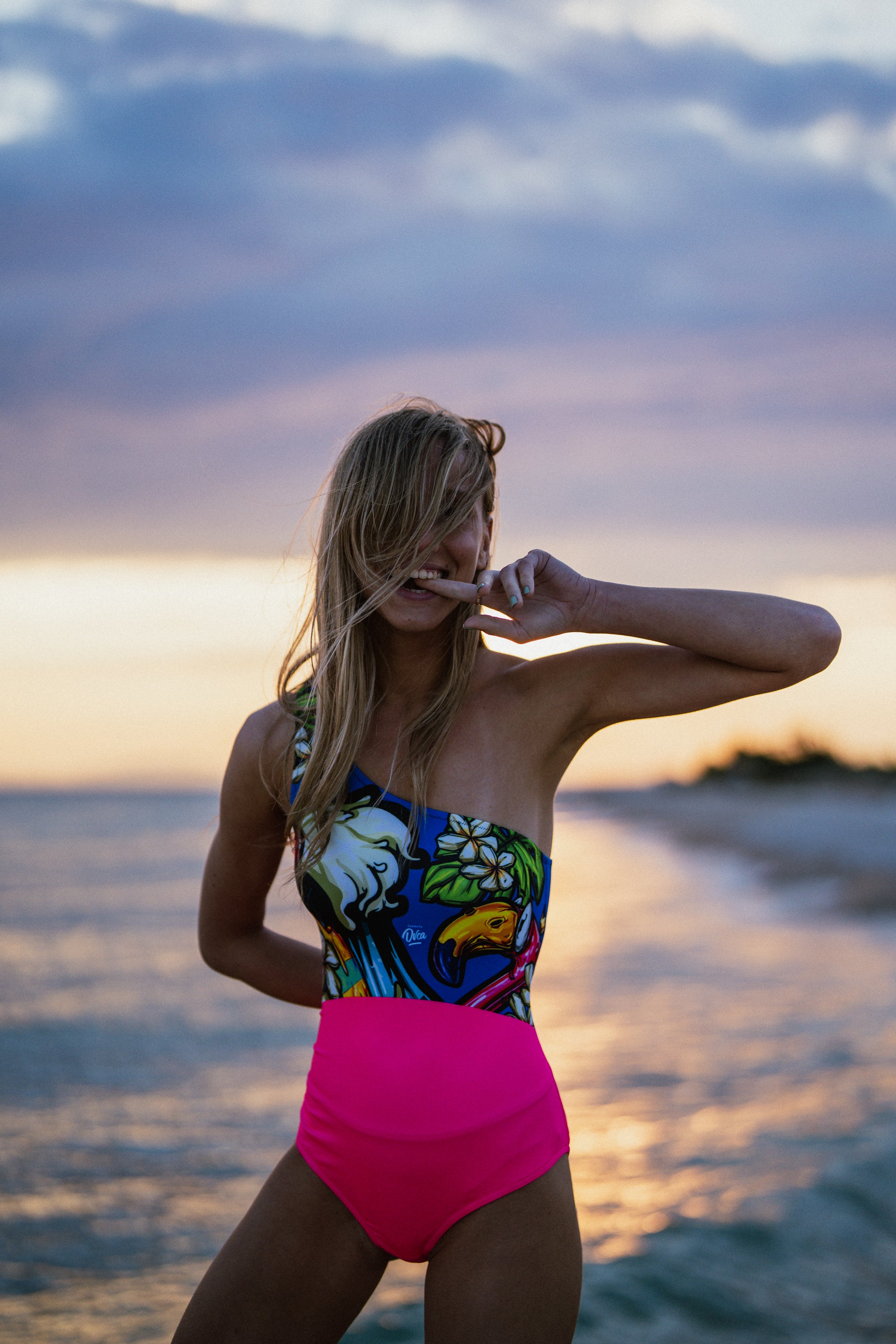 W's One Piece Pink Shark Swimsuit
