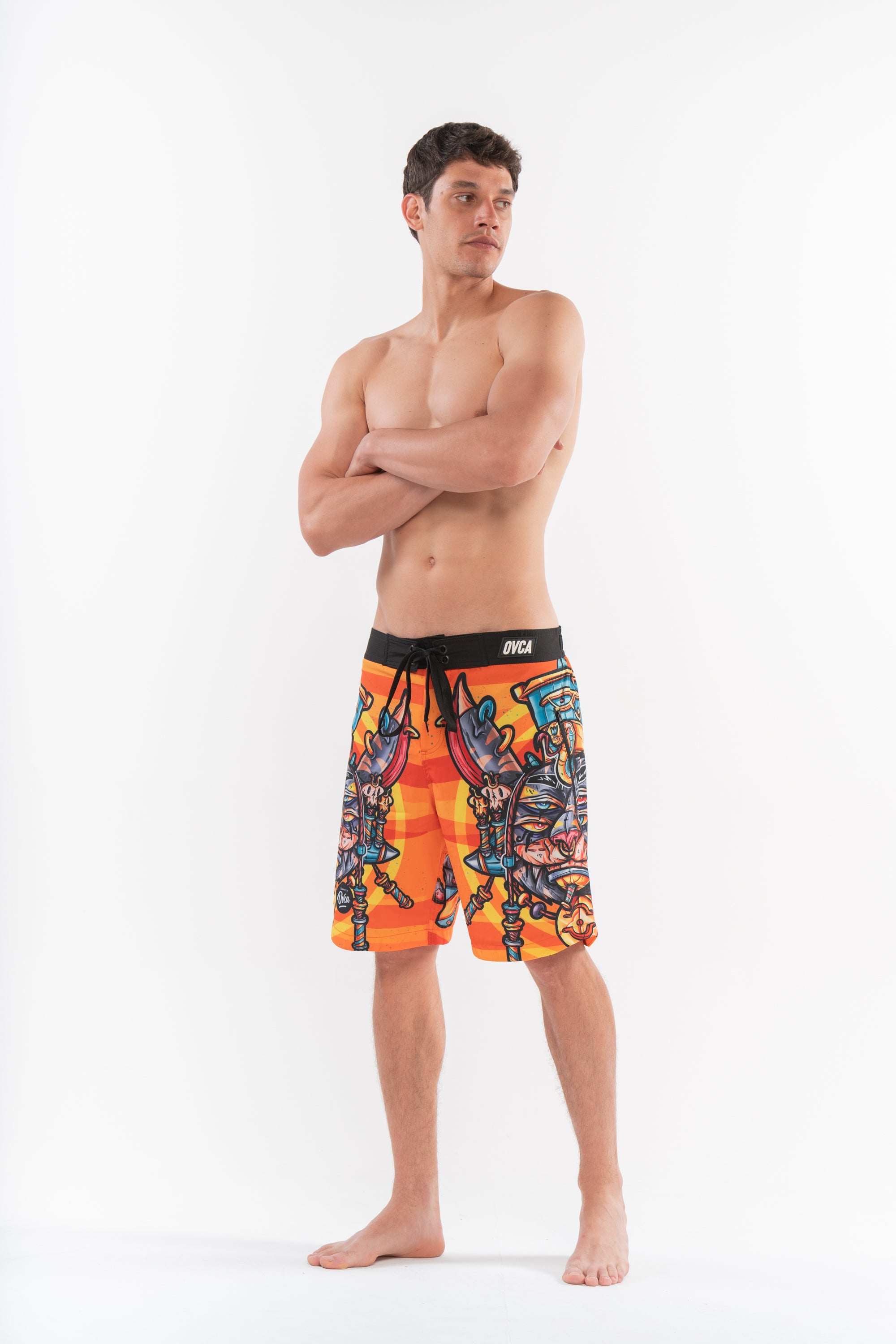 M's Long Egypt Cat Black Swim Shorts