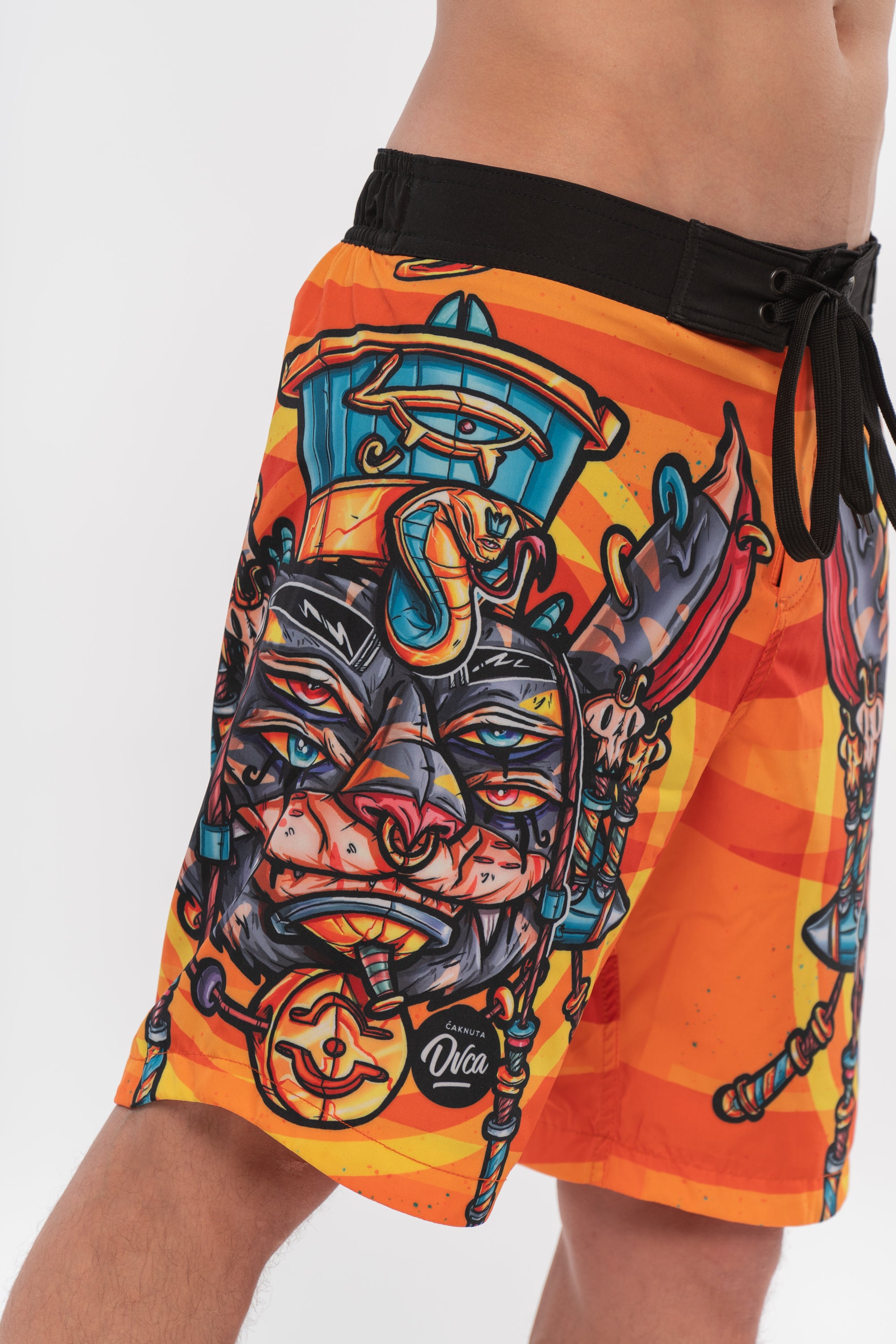 M's Long Egypt Cat Black Swim Shorts